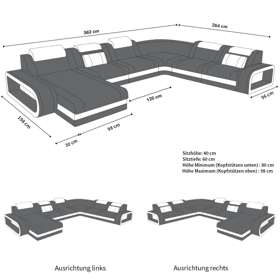 Mini XXL Wohnlandschaft Berlin U-Form aus Leder schwarz-weiß