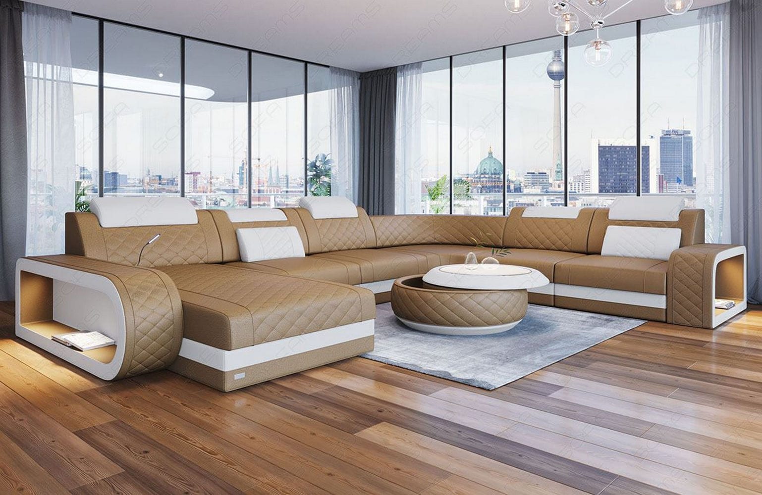 XXL Wohnlandschaft Berlin – Leder Sofa sandbeige-weiß