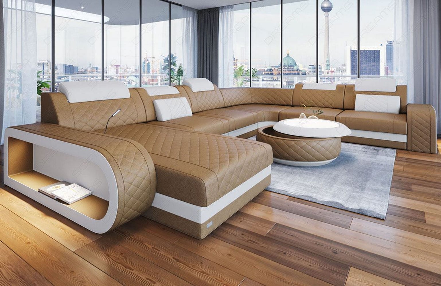 XXL Wohnlandschaft Berlin – Leder Sofa sandbeige-weiß