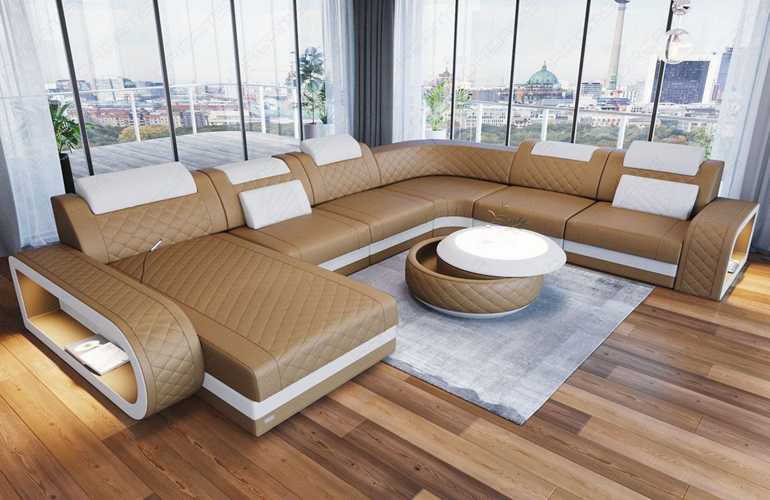 XXL Wohnlandschaft Berlin – Leder Sofa sandbeige-weiß