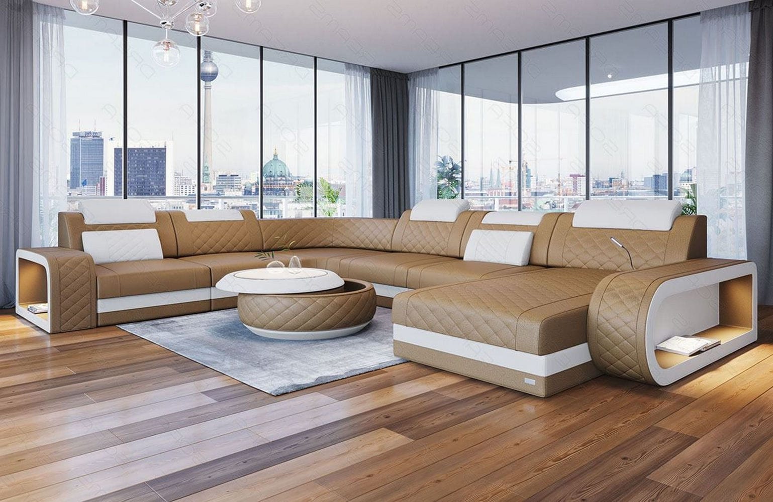 XXL Wohnlandschaft Berlin – Leder Sofa sandbeige-weiß