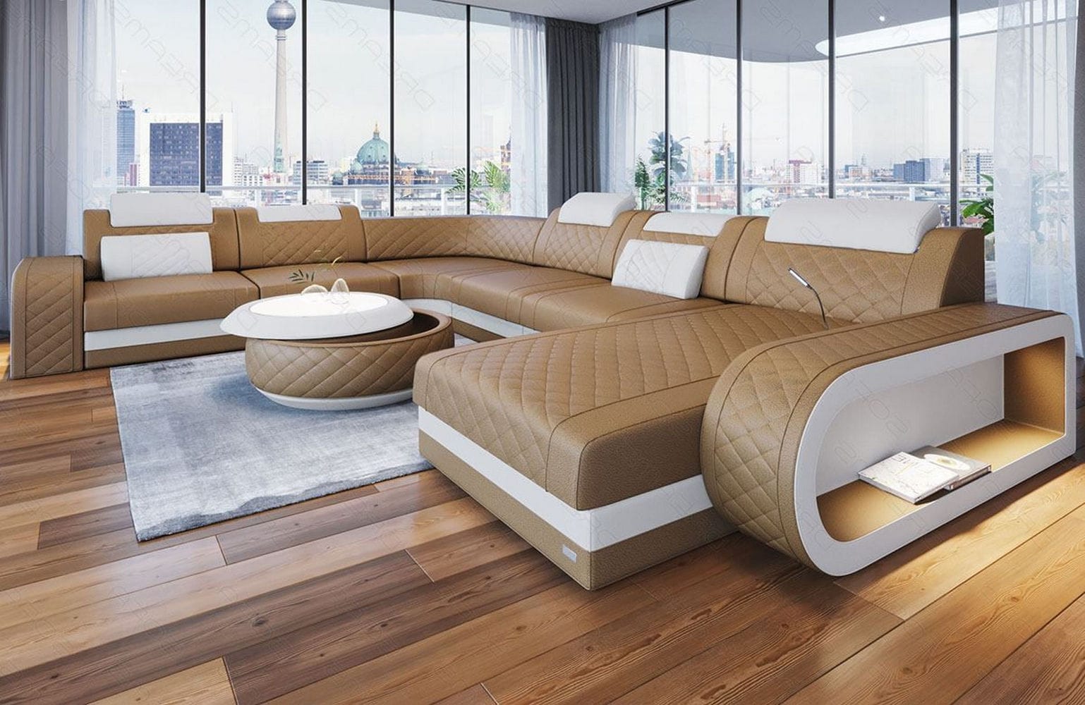 XXL Wohnlandschaft Berlin – Leder Sofa sandbeige-weiß