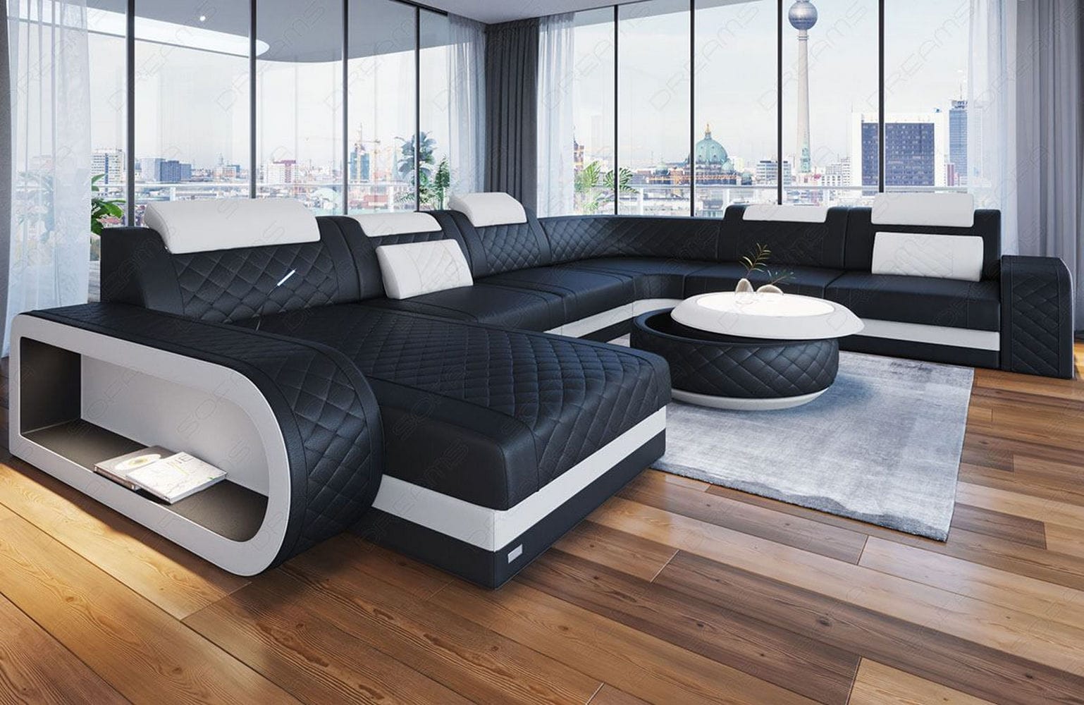 XXL Wohnlandschaft Berlin – Leder Sofa schwarz-weiß