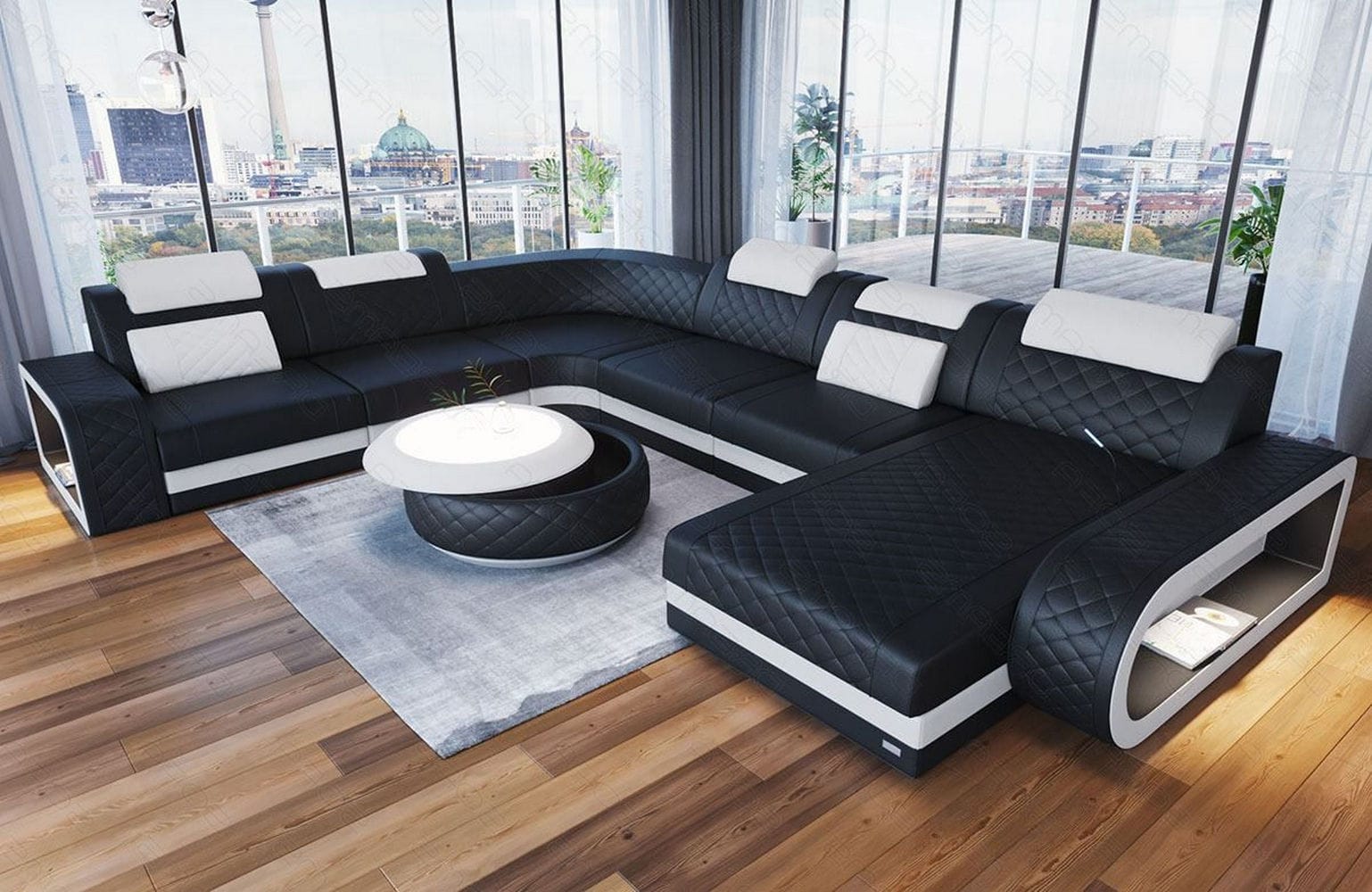XXL Wohnlandschaft Berlin – Leder Sofa schwarz-weiß