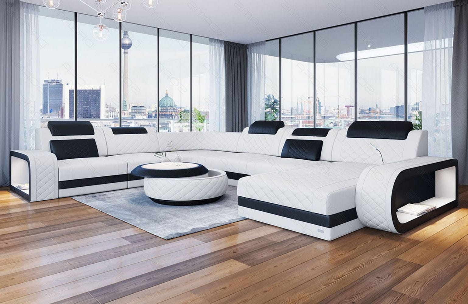 XXL Wohnlandschaft Berlin – Leder Sofa weiß-schwarz