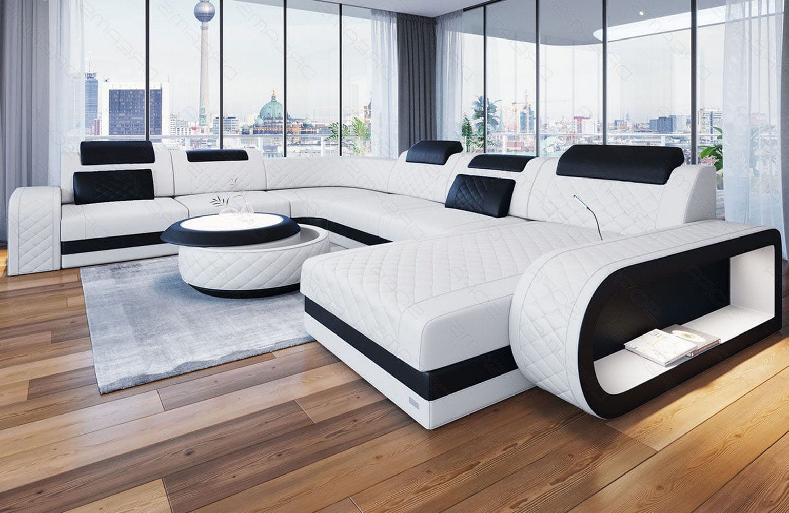 XXL Wohnlandschaft Berlin – Leder Sofa weiß-schwarz