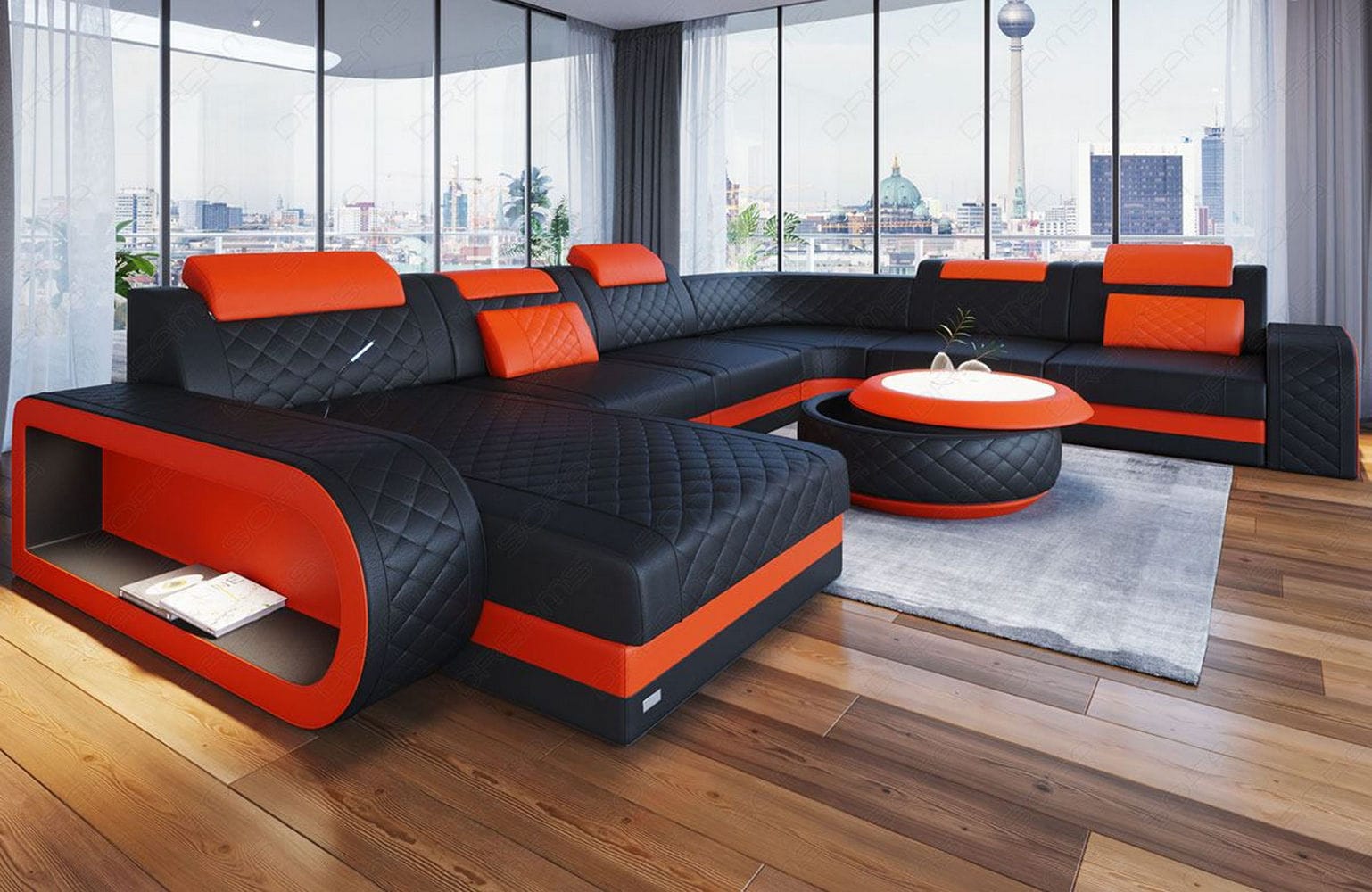 XXL Wohnlandschaft Berlin – Leder Sofa schwarz-orange