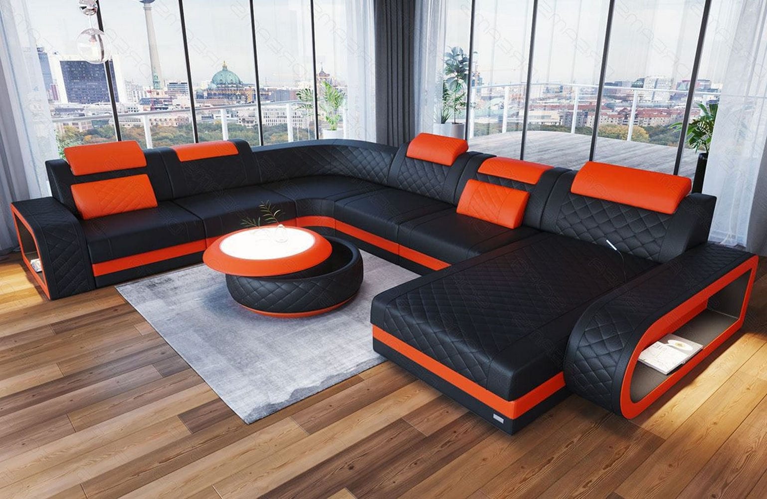 XXL Wohnlandschaft Berlin – Leder Sofa schwarz-orange