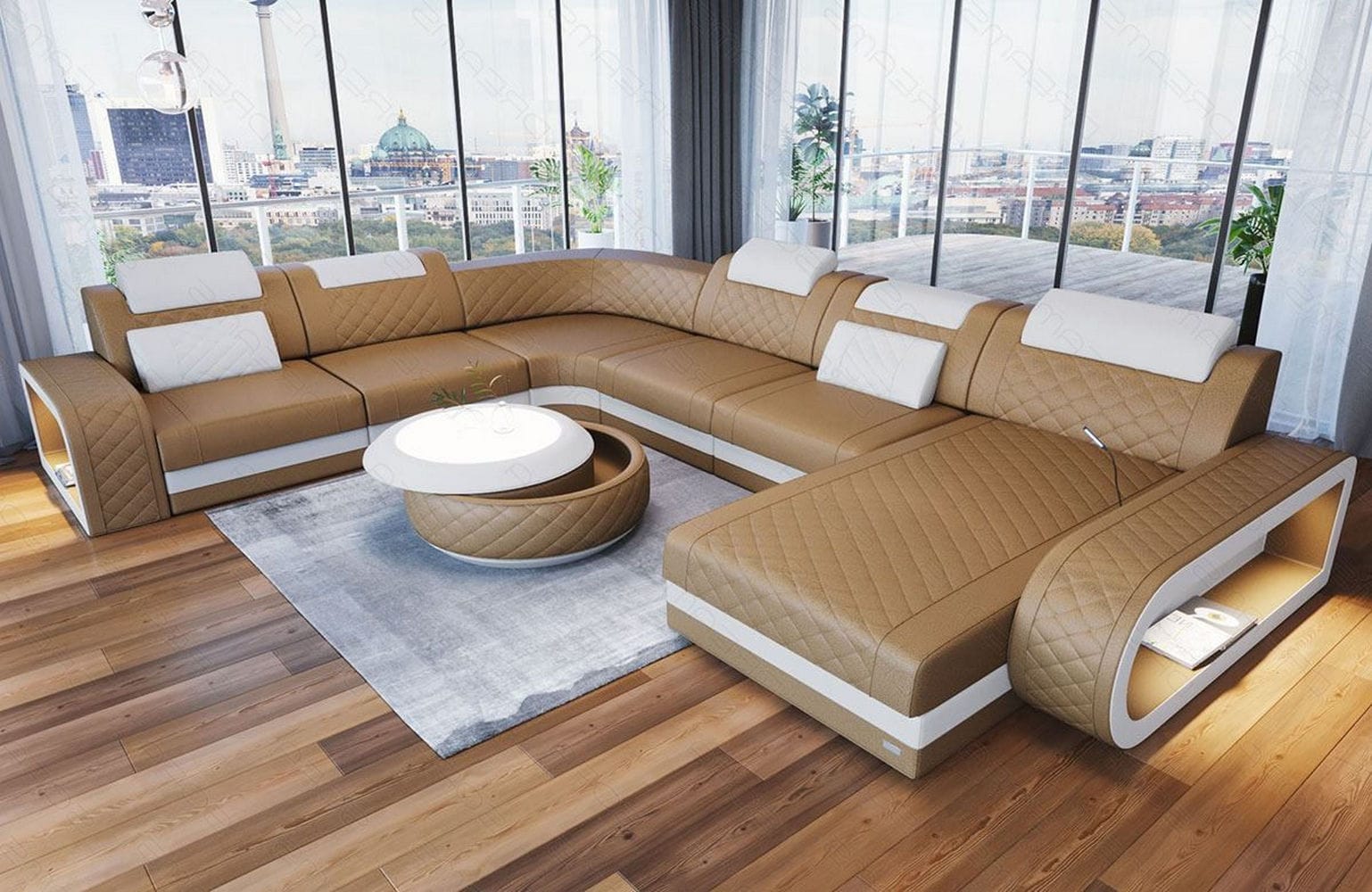 XXL Wohnlandschaft Berlin – Leder Sofa sandbeige-weiß