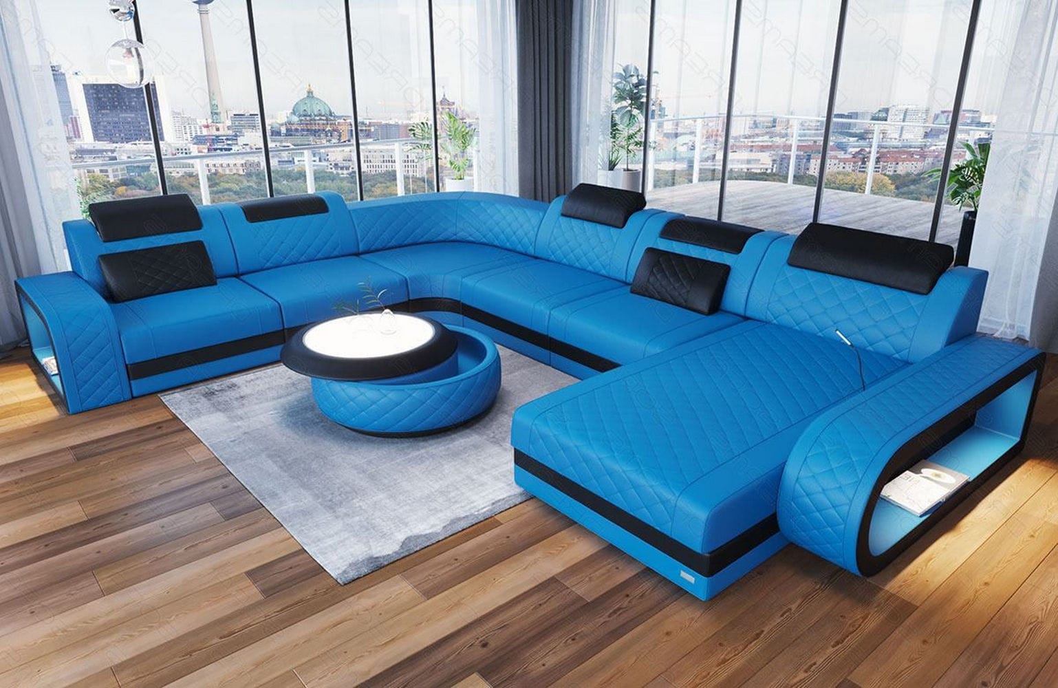 XXL Wohnlandschaft Berlin – Leder Sofa blau-schwarz