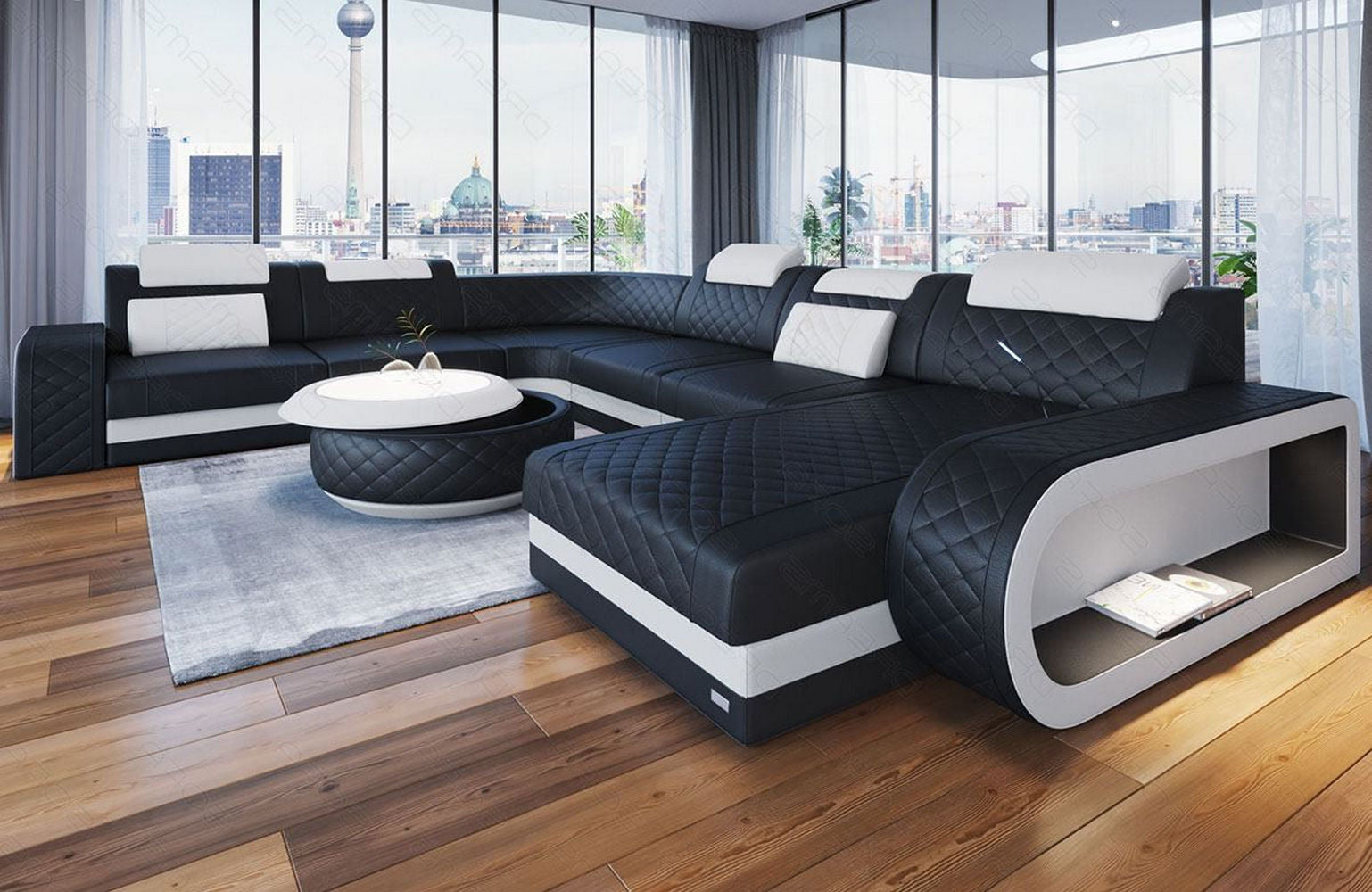 XXL Wohnlandschaft Berlin – Leder Sofa schwarz-weiß