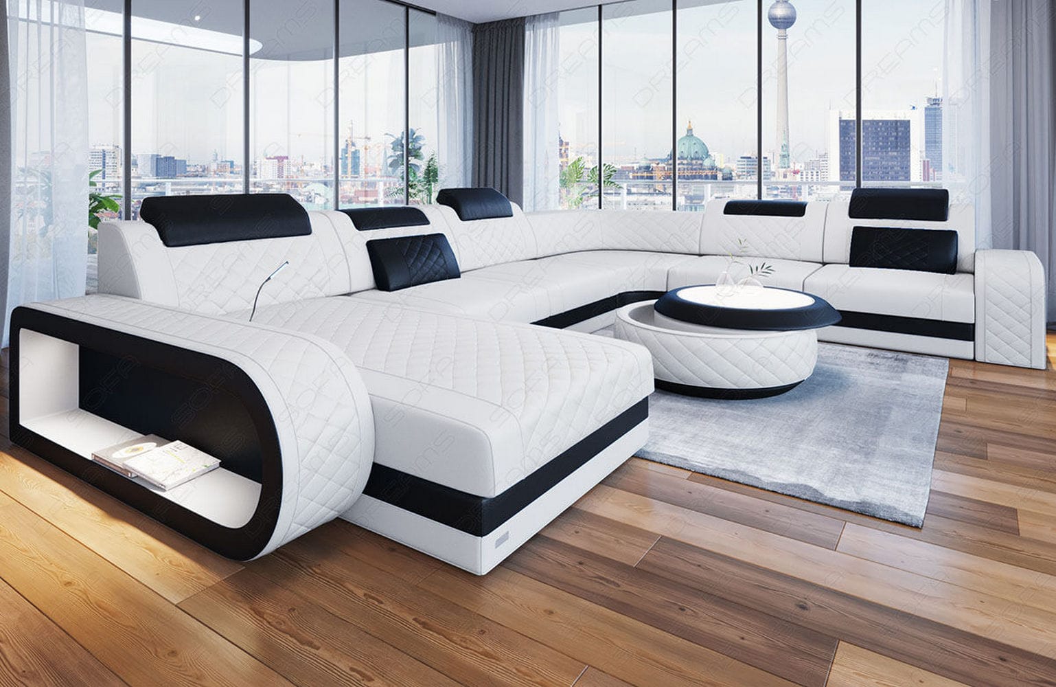 XXL Wohnlandschaft Berlin – Leder Sofa weiß-schwarz