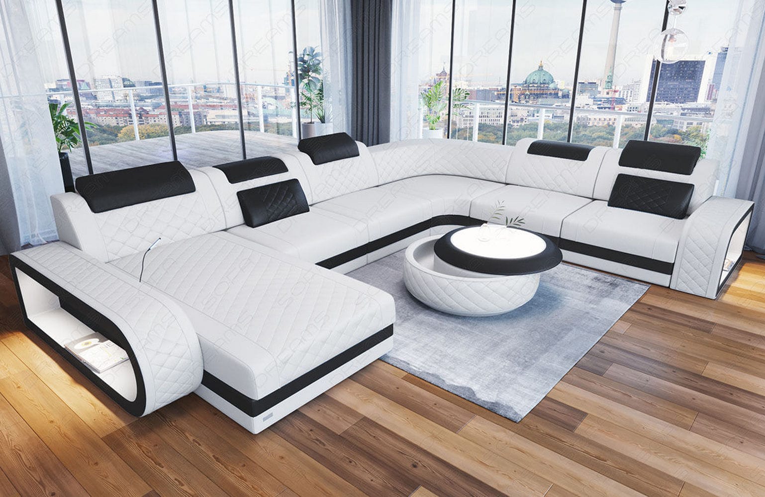 XXL Wohnlandschaft Berlin – Leder Sofa weiß-schwarz