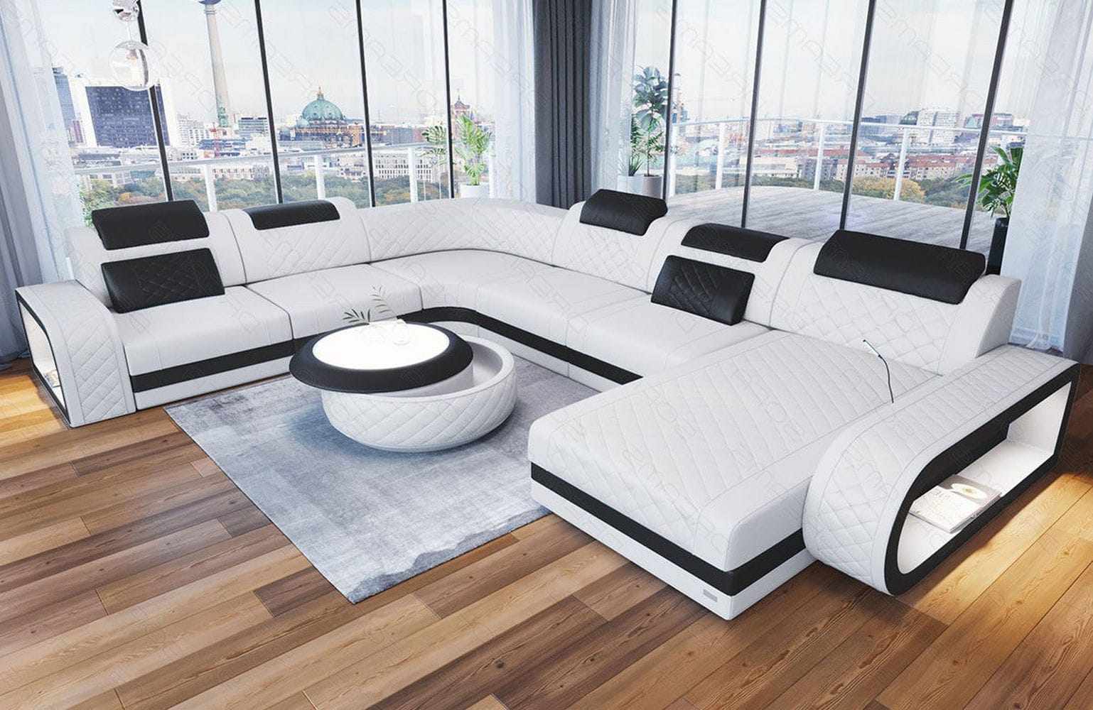XXL Wohnlandschaft Berlin – Leder Sofa weiß-schwarz
