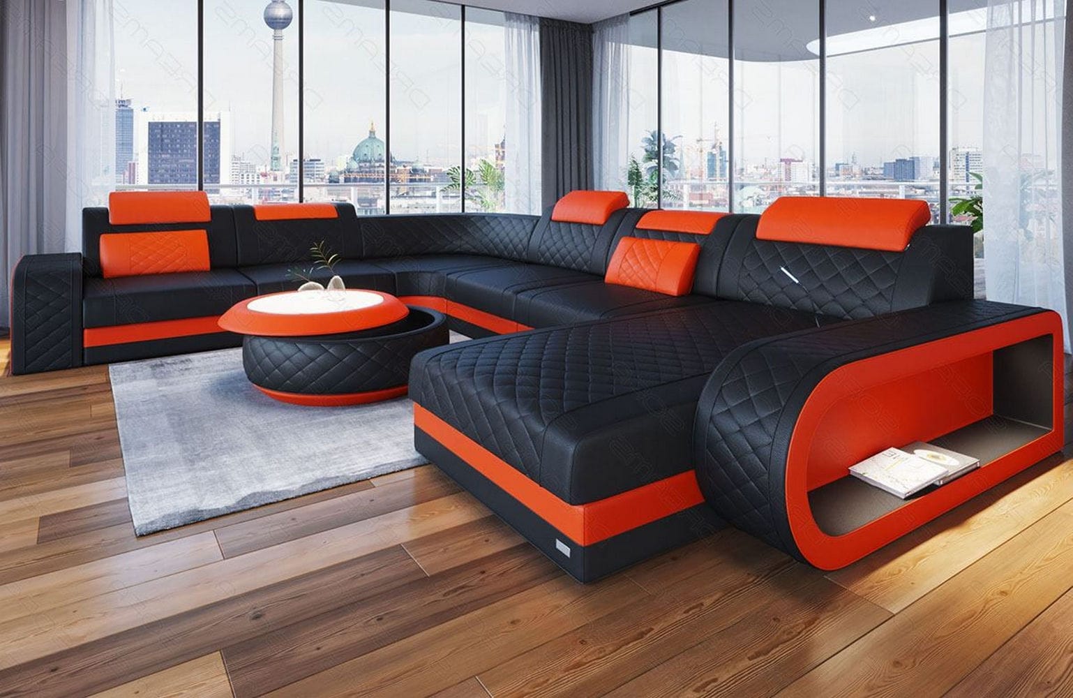 XXL Wohnlandschaft Berlin – Leder Sofa schwarz-orange