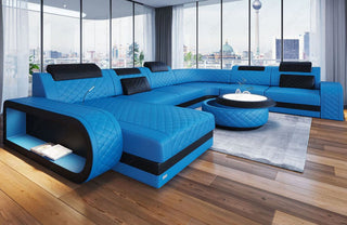 XXL Wohnlandschaft Berlin U-Form in Leder blau-schwarz