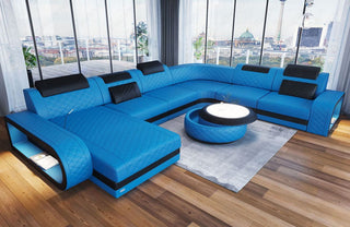 XXL Wohnlandschaft Berlin U-Form in Leder blau-schwarz