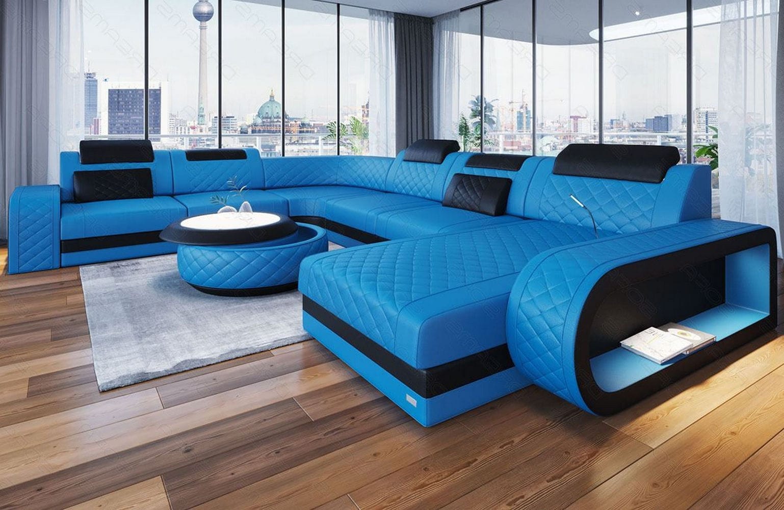 XXL Wohnlandschaft Berlin – Leder Sofa blau-schwarz