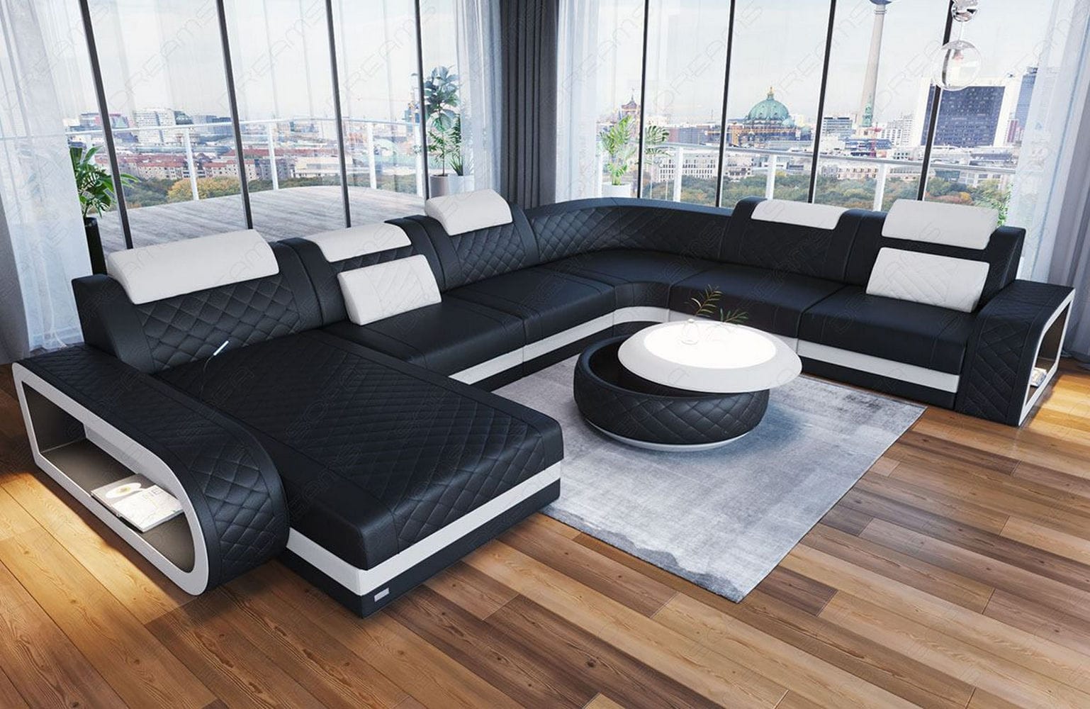 XXL Wohnlandschaft Berlin – Leder Sofa schwarz-weiß