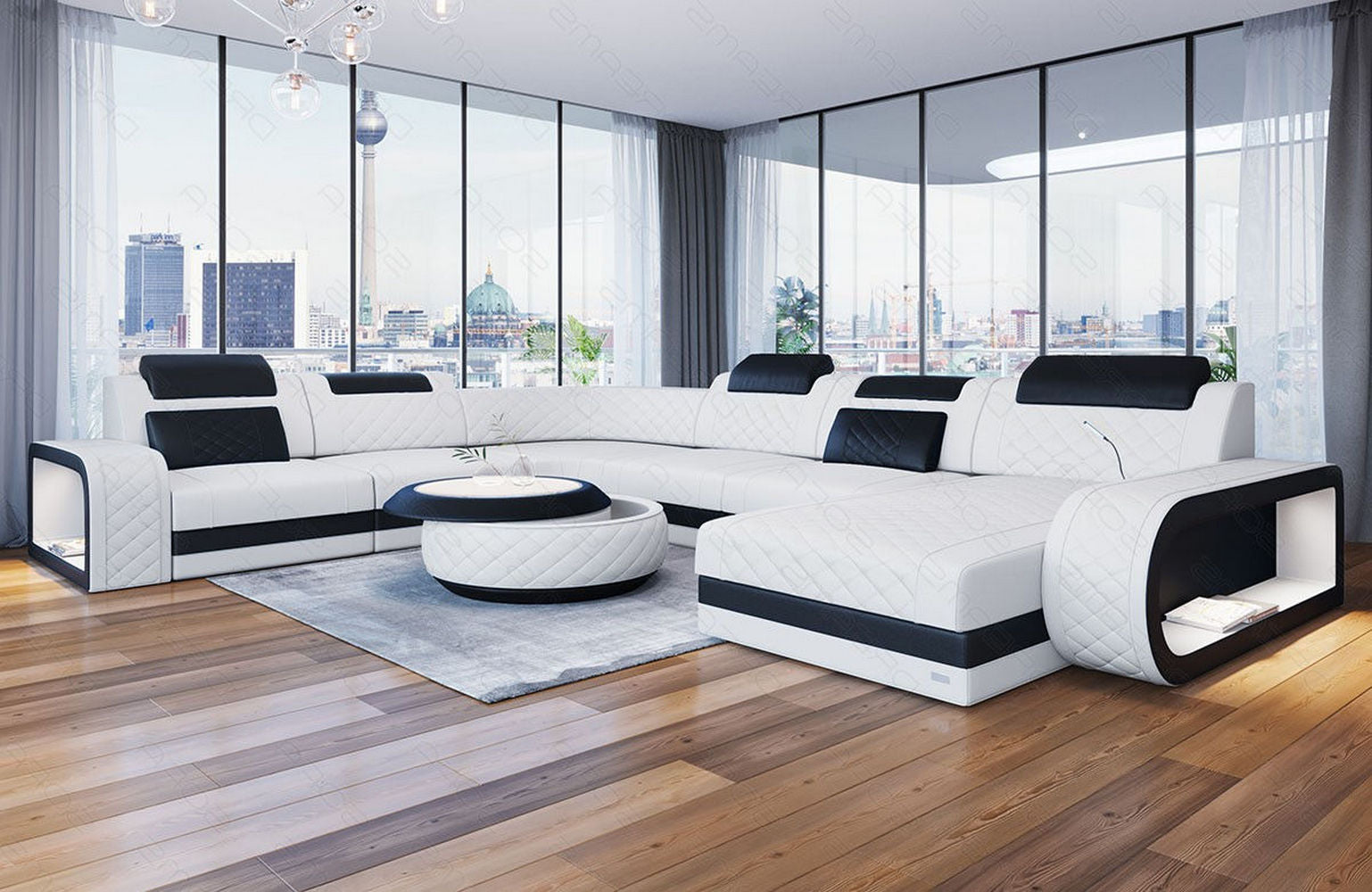 XXL Wohnlandschaft Berlin – Leder Sofa weiß-schwarz