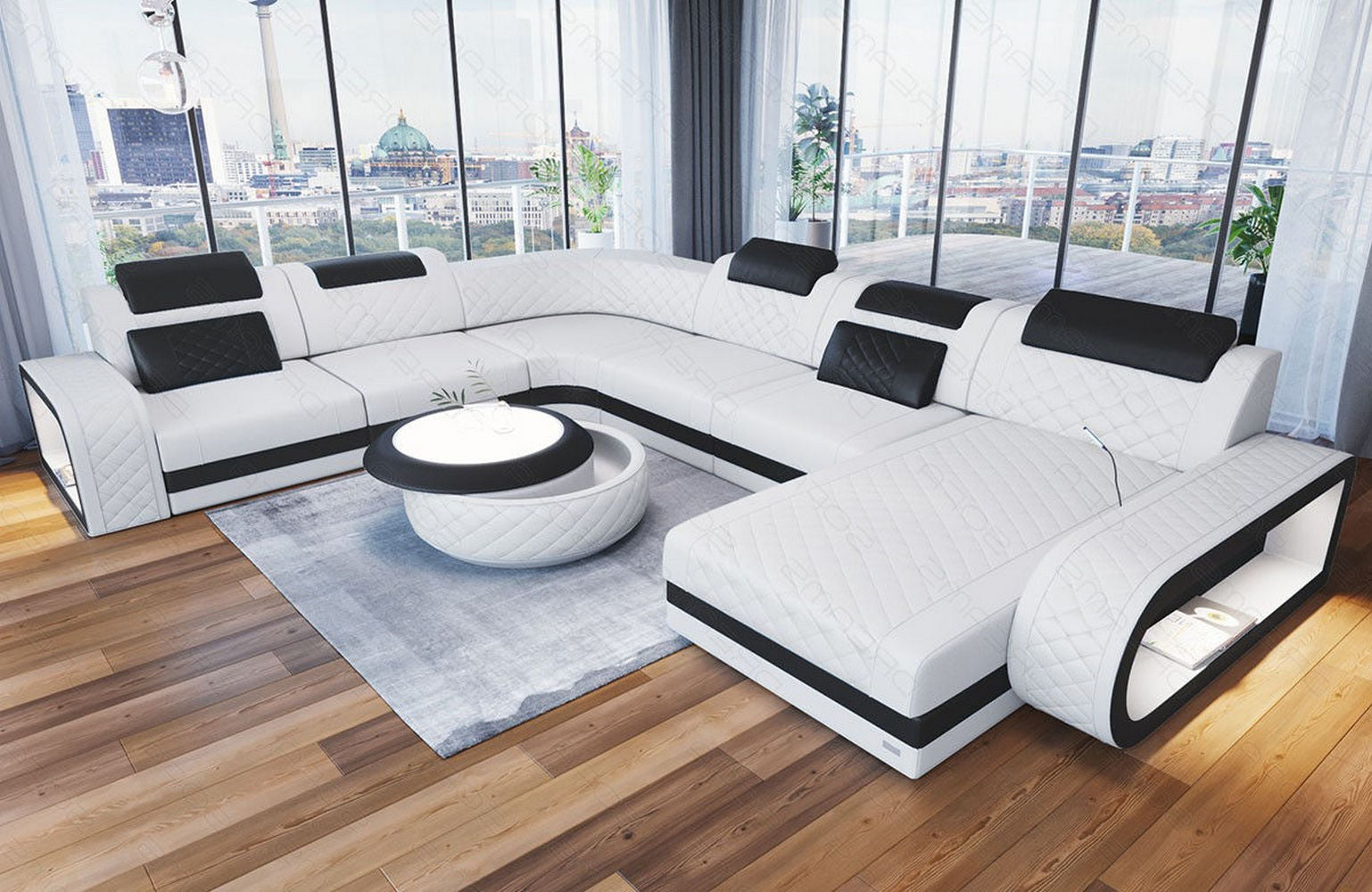 XXL Wohnlandschaft Berlin – Leder Sofa weiß-schwarz