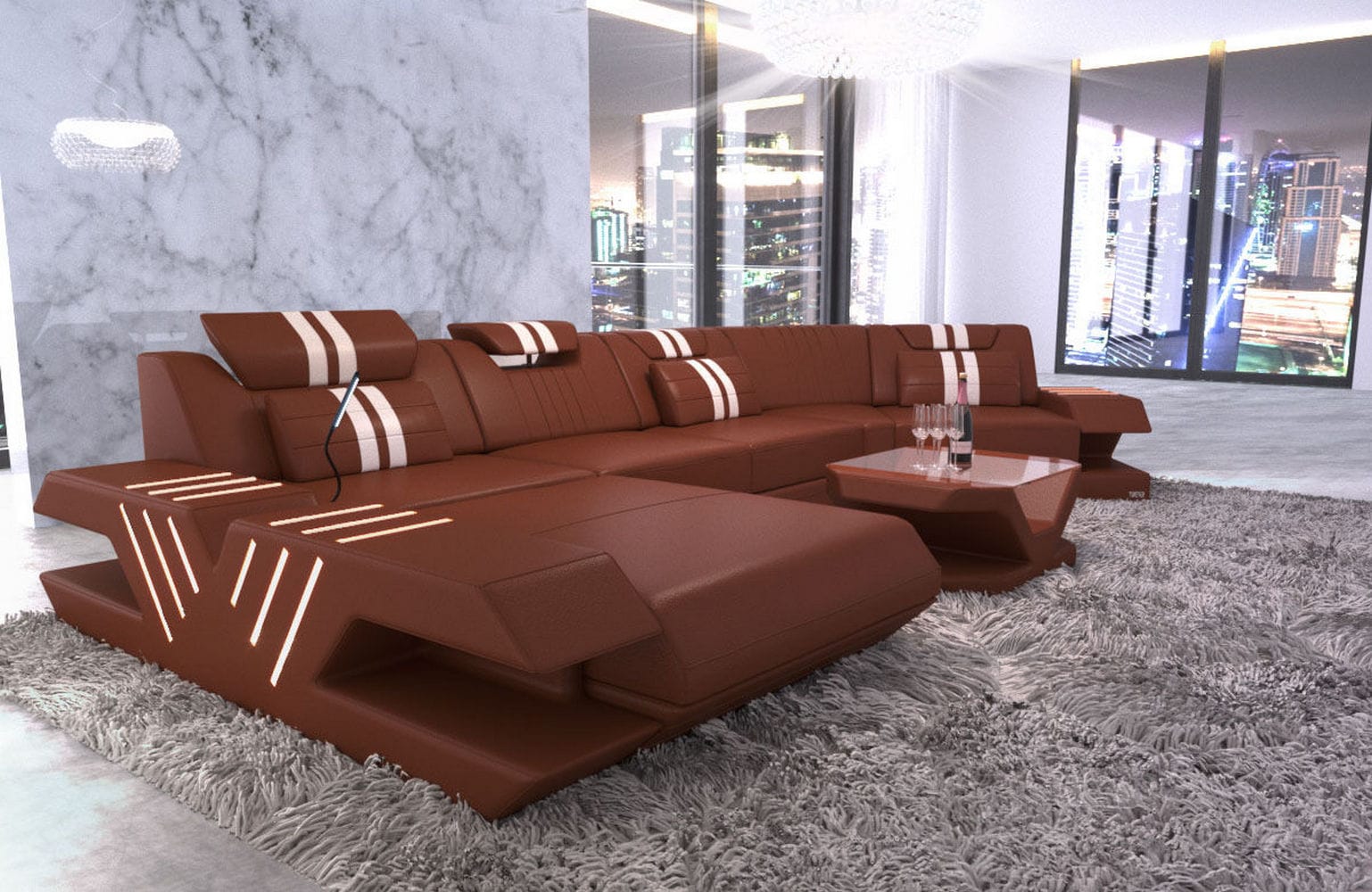 Leder Couch Venedig C-Form – Komfort & Stil hellbraun-weiß