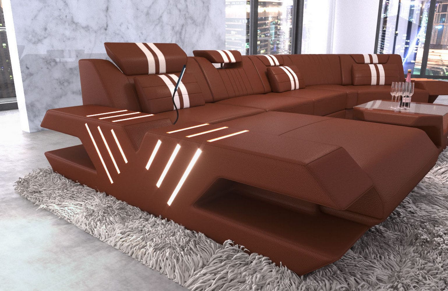 Leder Couch Venedig C-Form – Komfort & Stil hellbraun-weiß