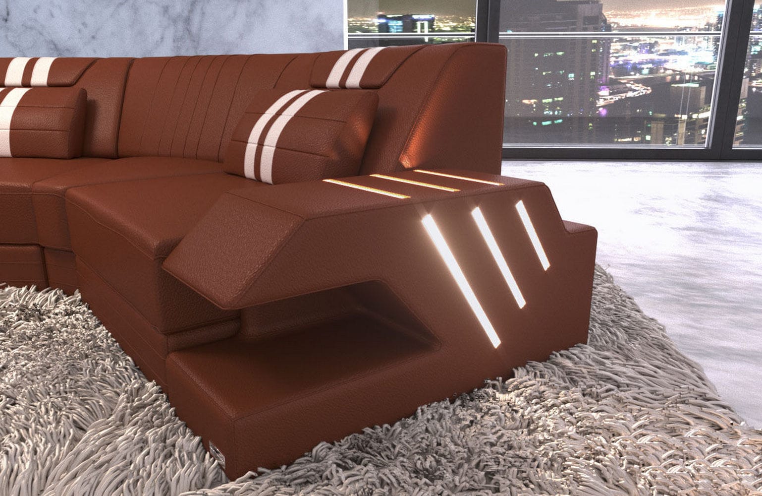 Leder Couch Venedig C-Form – Komfort & Stil hellbraun-weiß