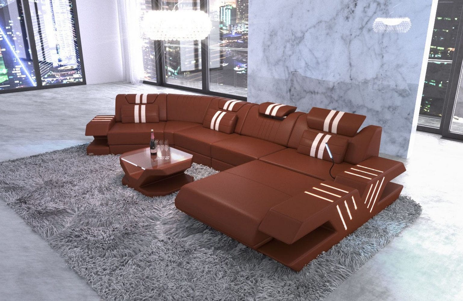 Leder Couch Venedig C-Form – Komfort & Stil hellbraun-weiß