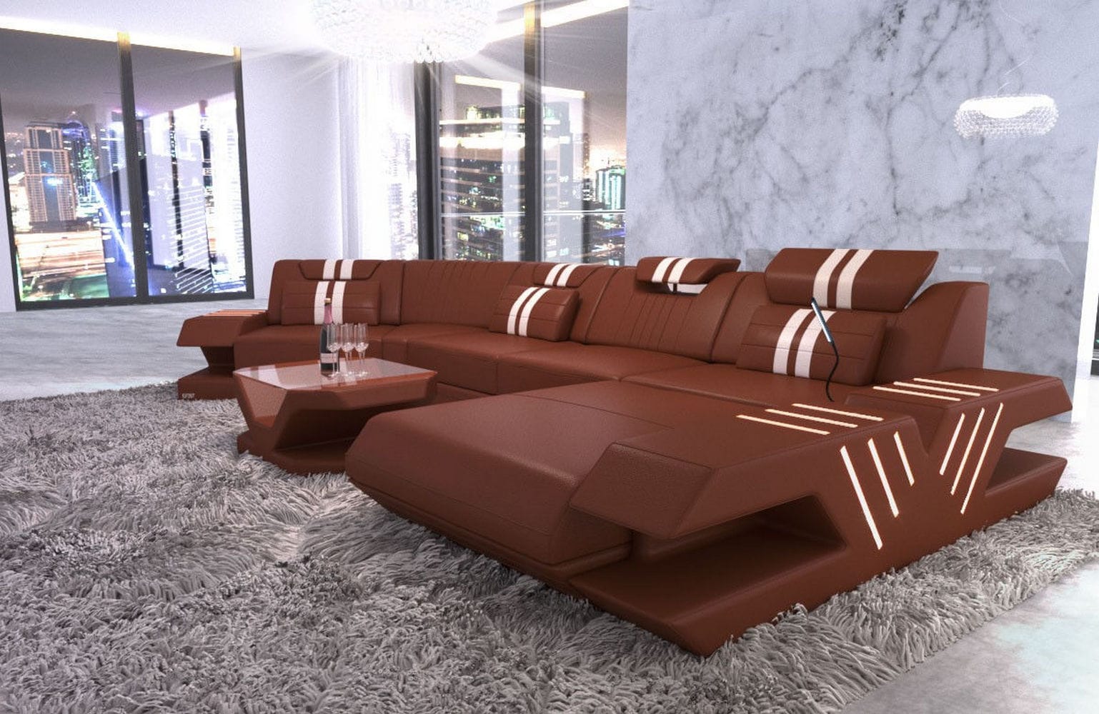 Leder Couch Venedig C-Form – Komfort & Stil hellbraun-weiß