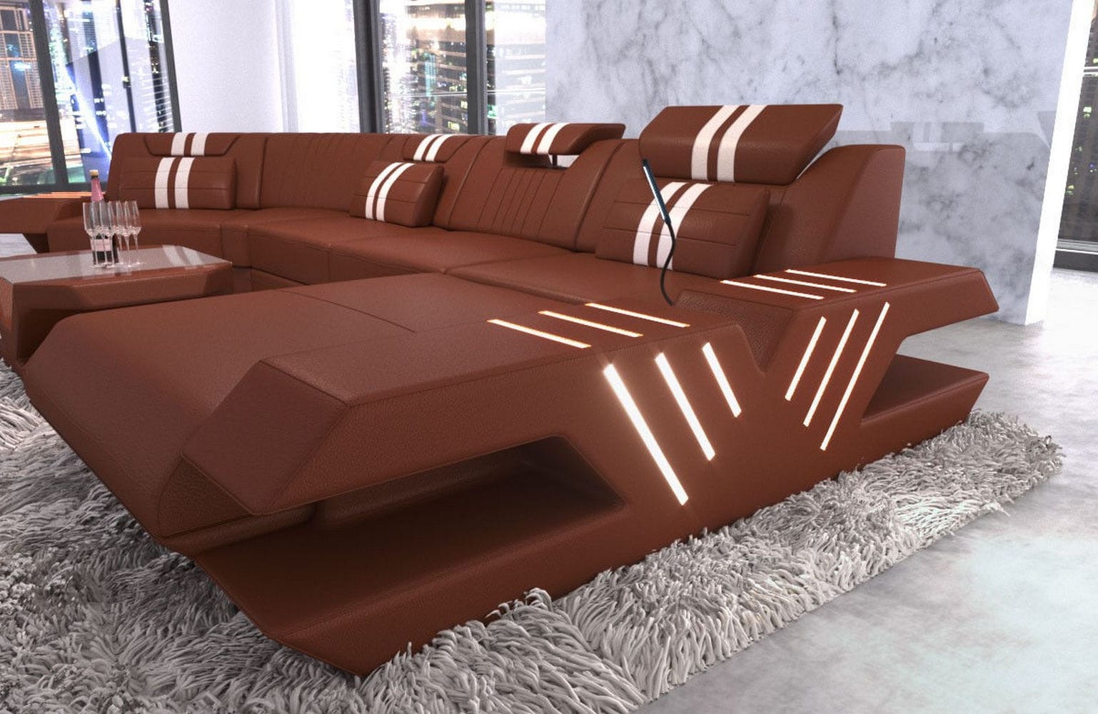Leder Couch Venedig C-Form – Komfort & Stil hellbraun-weiß