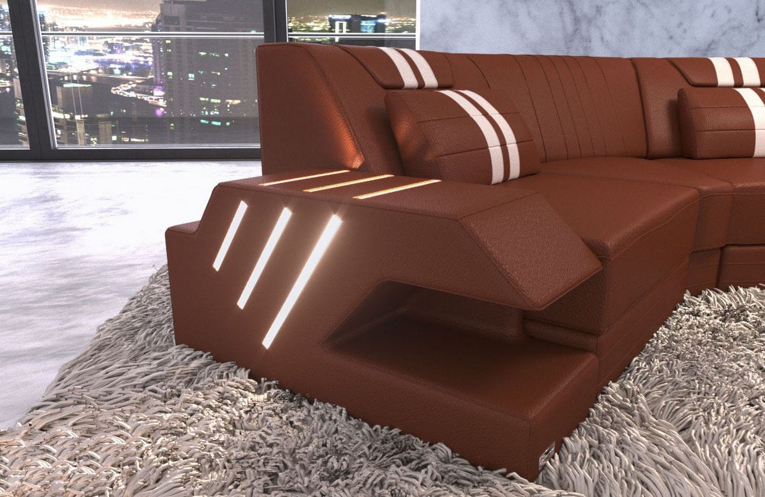 Leder Couch Venedig C-Form – Komfort & Stil hellbraun-weiß