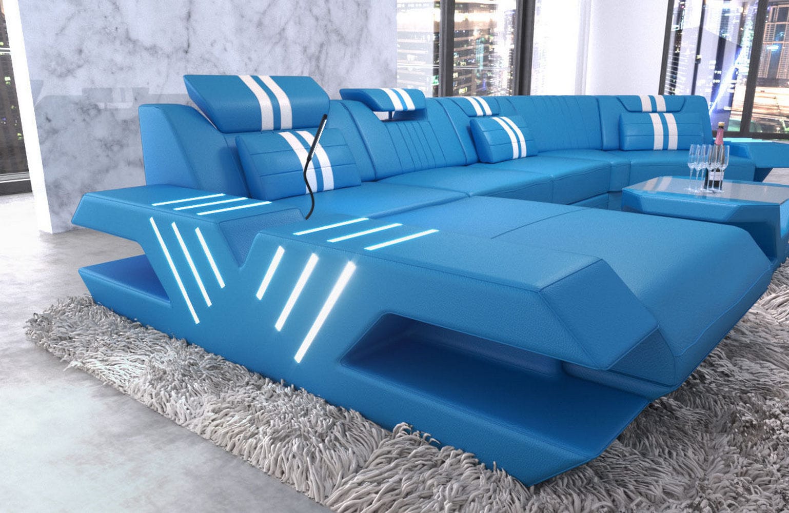 Sofa Venedig C in Leder blau-weiß