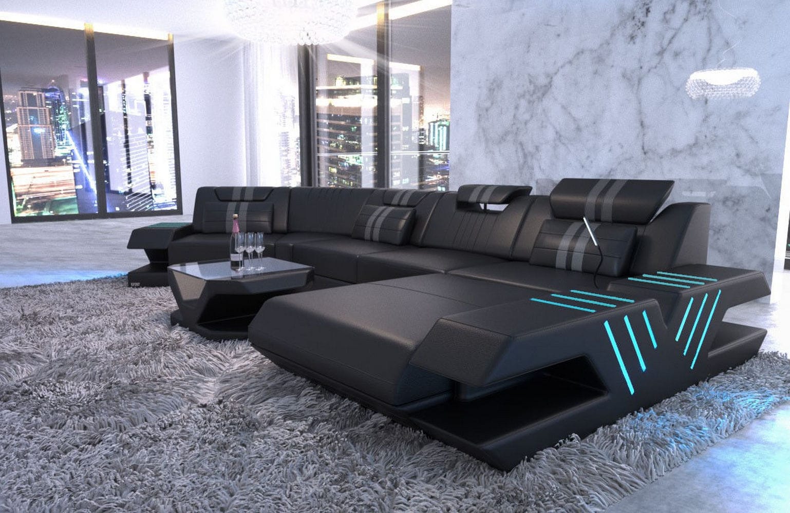Leder Couch Venedig C-Form – Komfort & Stil schwarz-grau