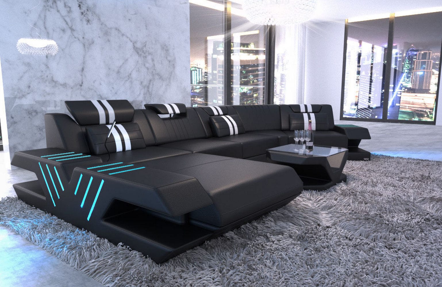 Leder Couch Venedig C-Form – Komfort & Stil schwarz-weiß