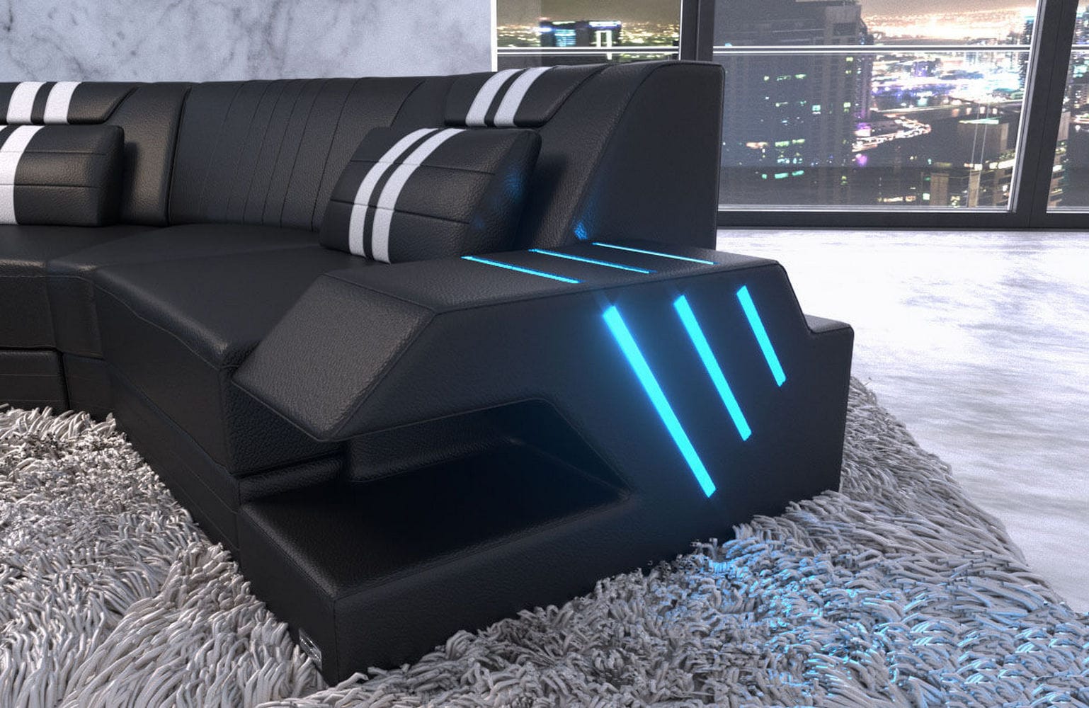 Leder Couch Venedig C-Form – Komfort & Stil schwarz-weiß