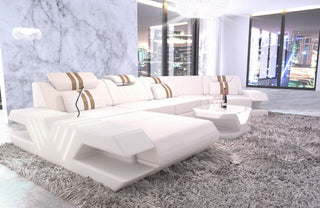 Sofa Venedig C-Form in Leder weiß-sandbeige