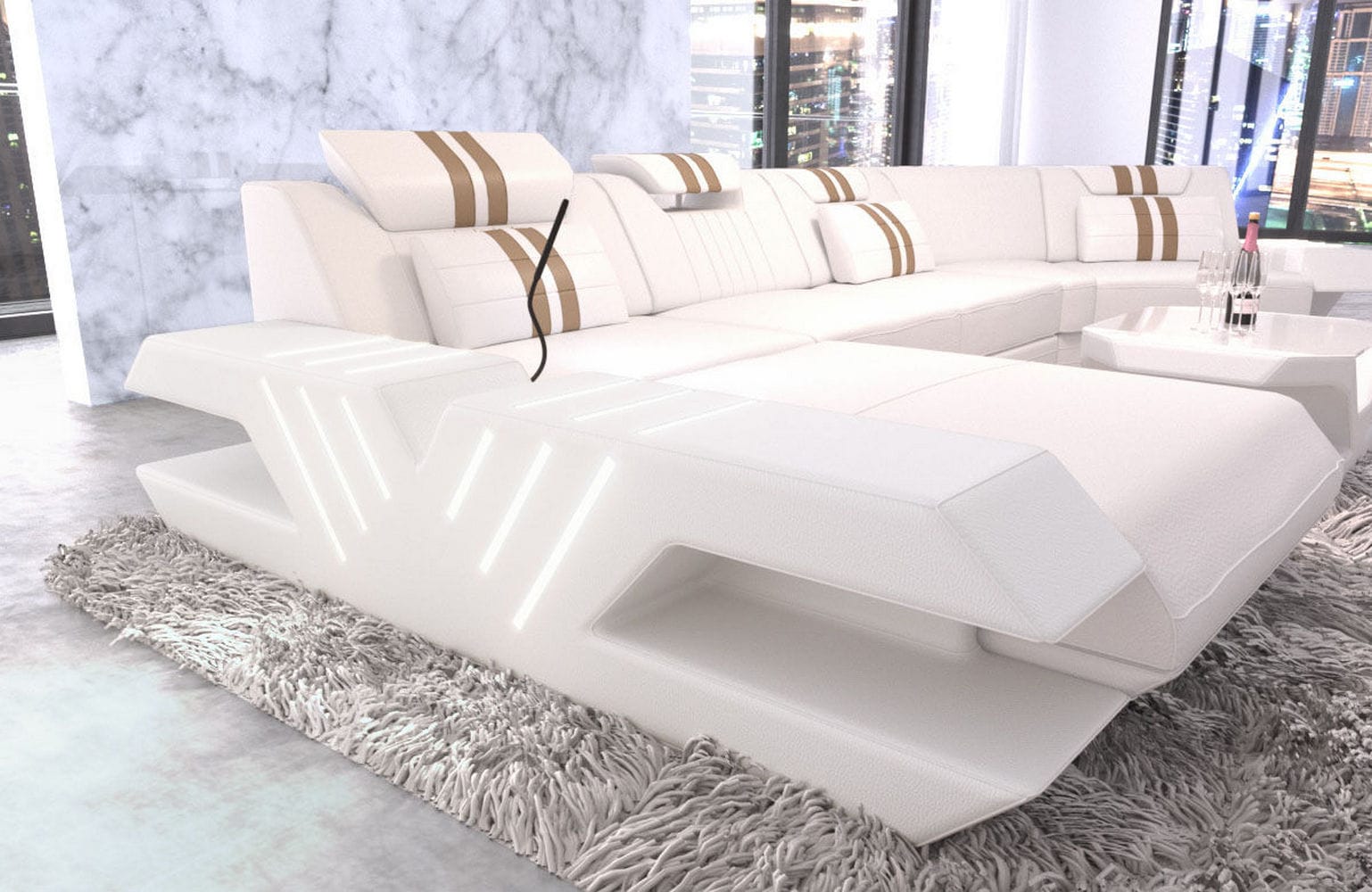 Sofa Venedig C-Form in Leder weiß-sandbeige
