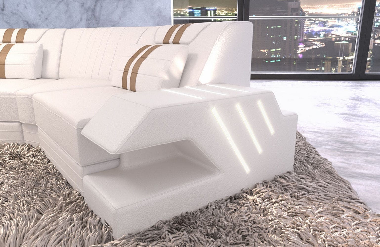 Sofa Venedig C-Form in Leder weiß-sandbeige