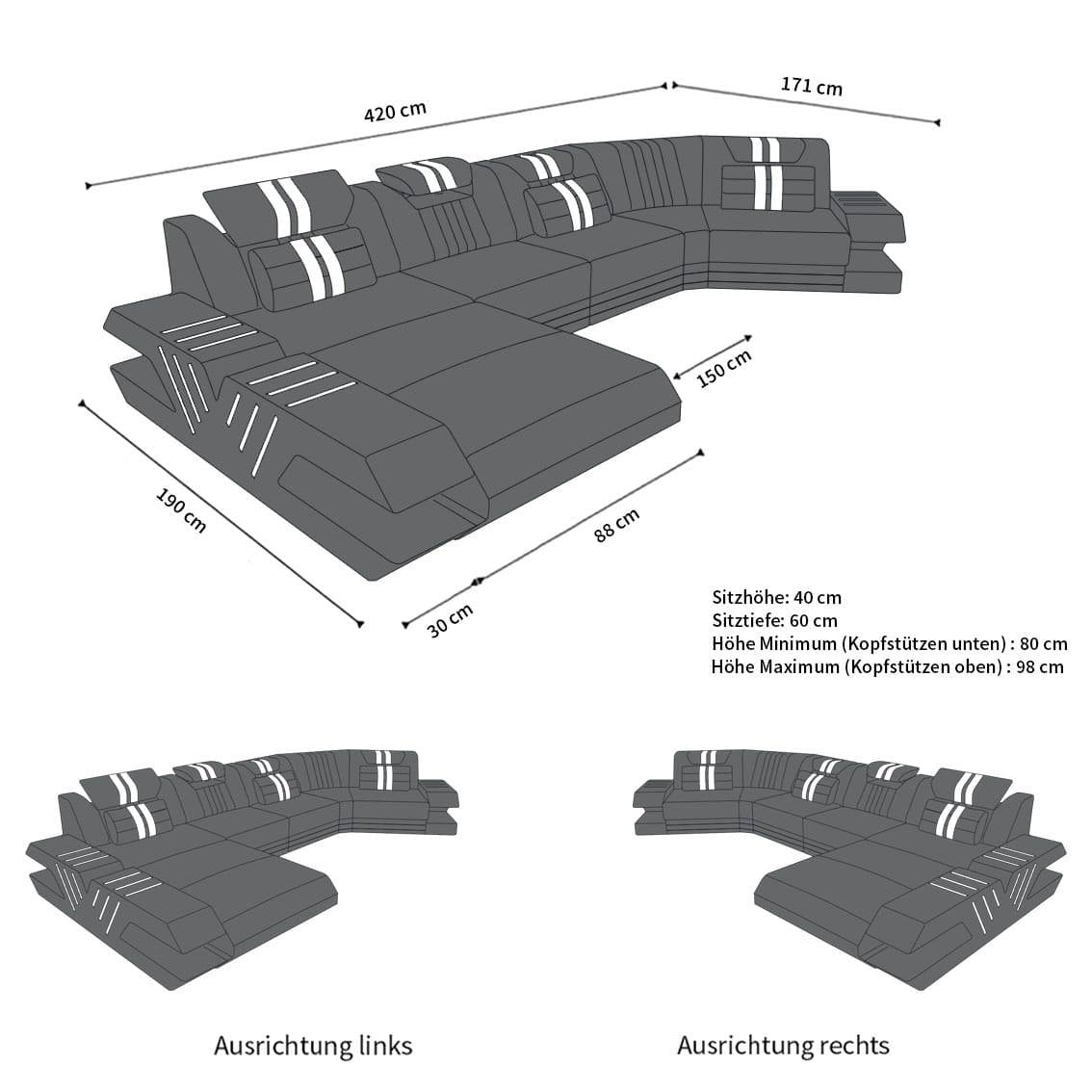 Sofa Venedig C-Form in Leder weiß-sandbeige