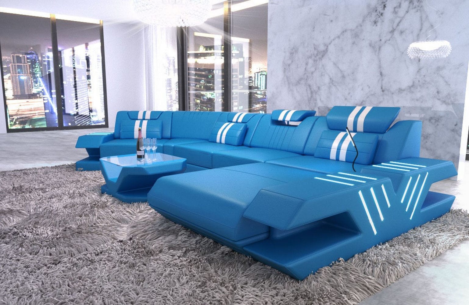 Leder Couch Venedig C-Form – Komfort & Stil blau-weiß