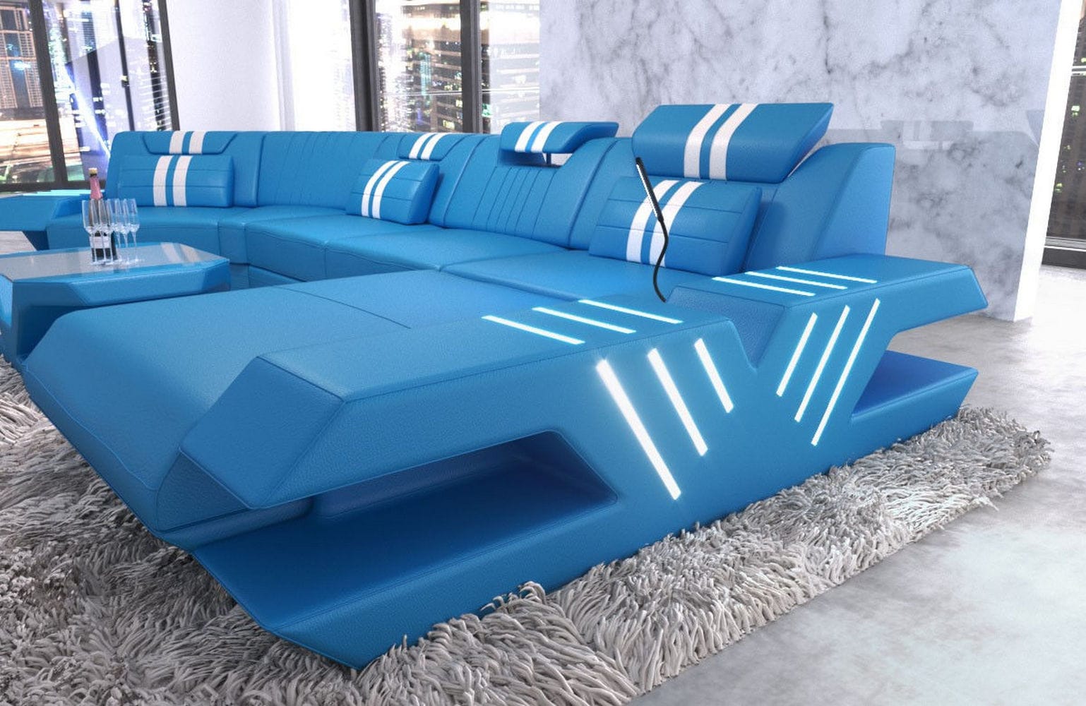 Leder Couch Venedig C-Form – Komfort & Stil blau-weiß