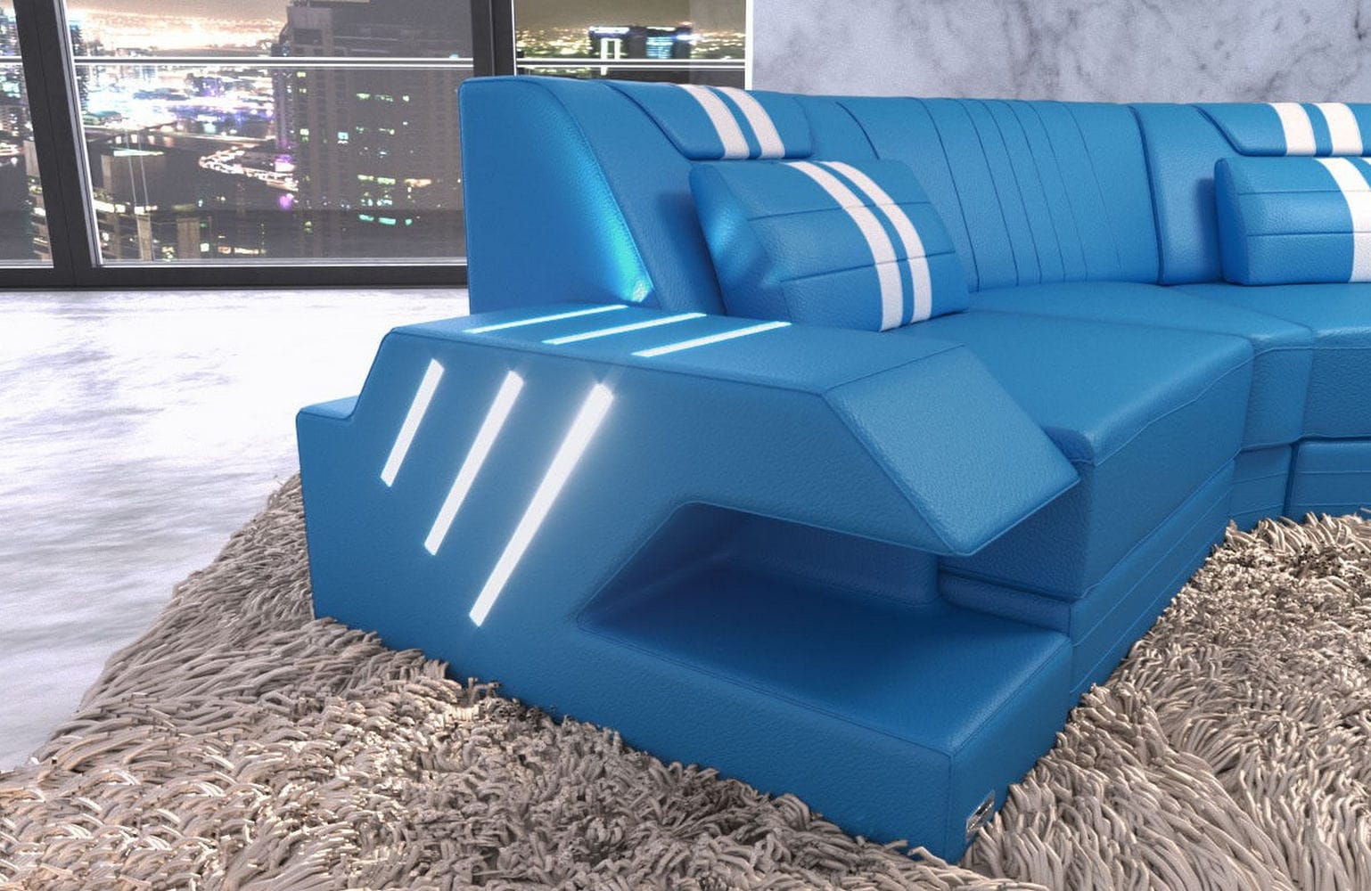Leder Couch Venedig C-Form – Komfort & Stil blau-weiß