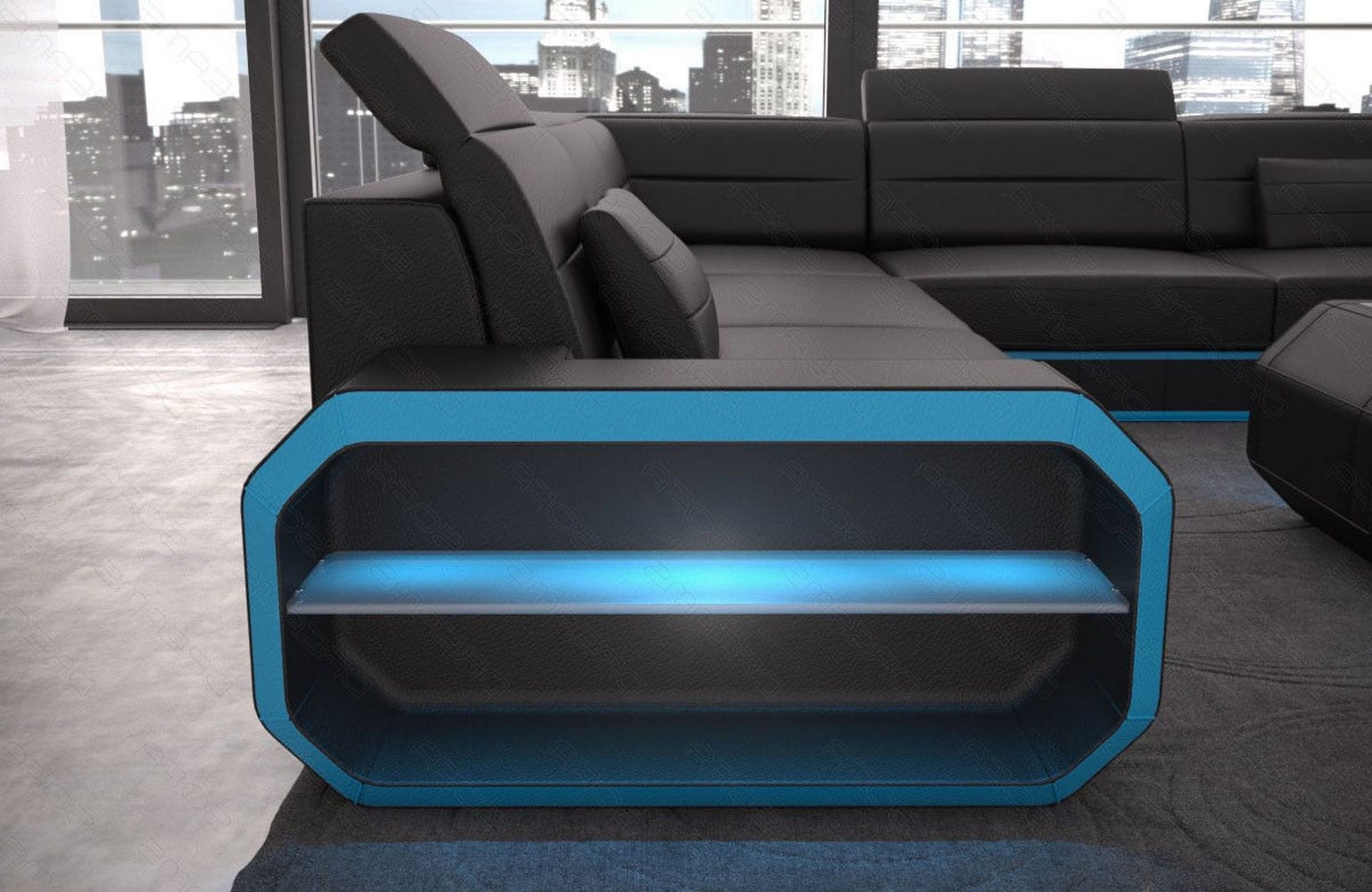 Leder Wohnlandschaft Verona U-Form Mini Schwarz-Blau