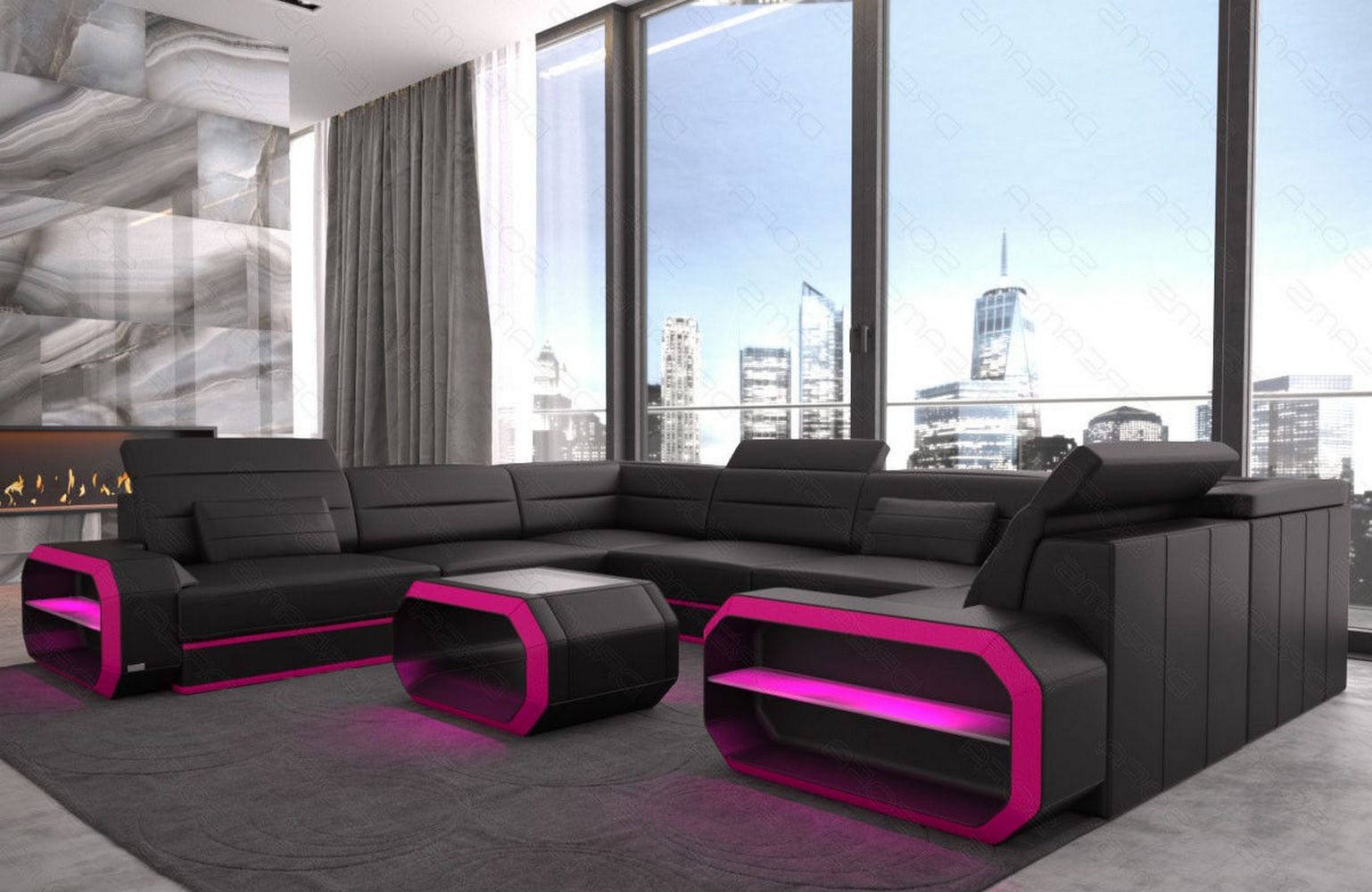 Leder Wohnlandschaft Verona U-Form Mini Schwarz-Pink