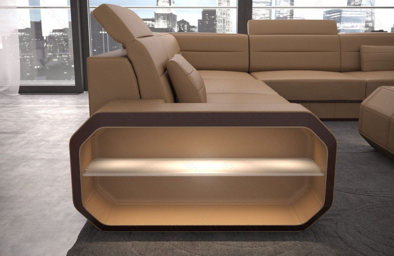 Leder Wohnlandschaft Verona U-Form Mini Sandbeige-Dunkelbraun