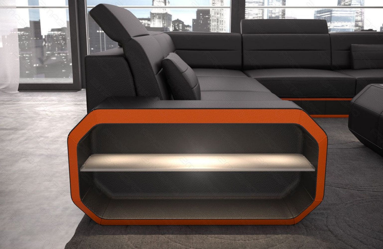 Leder Wohnlandschaft Verona U-Form Mini Schwarz-Orange