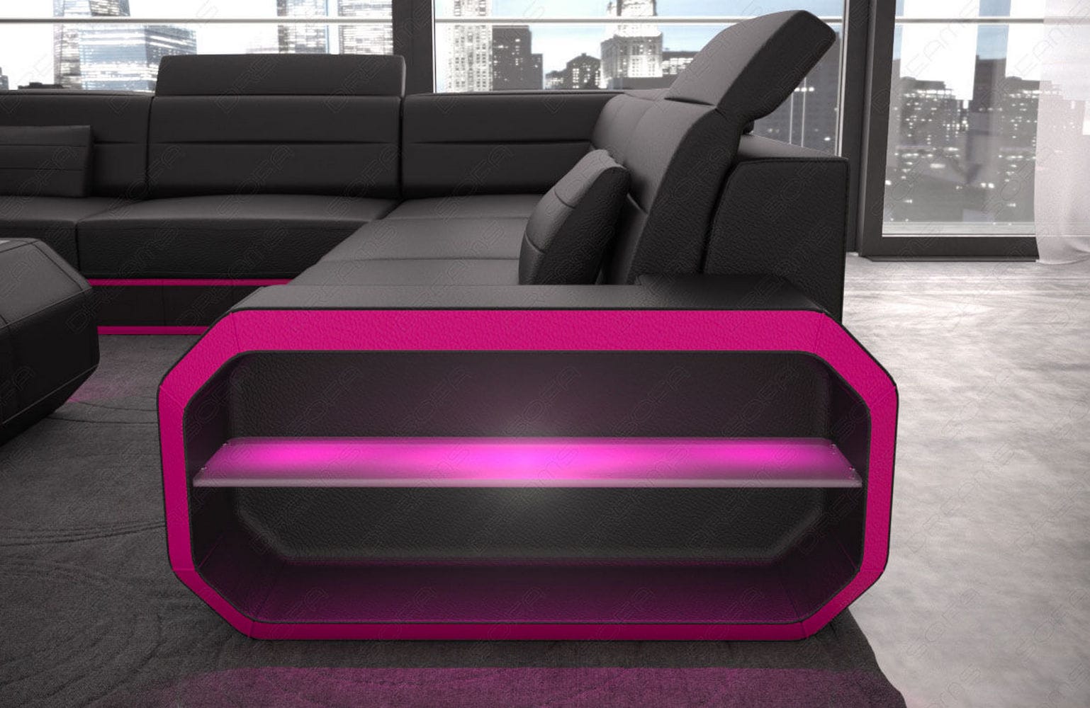 Leder Wohnlandschaft Verona U-Form Mini Schwarz-Pink