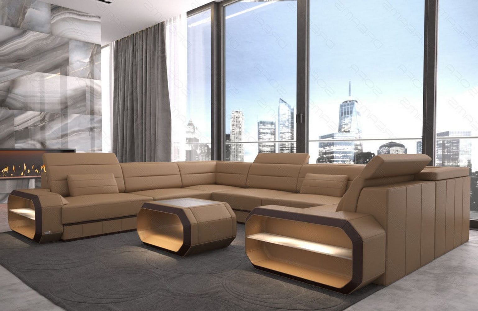 Leder Wohnlandschaft Verona U-Form Mini Sandbeige-Dunkelbraun