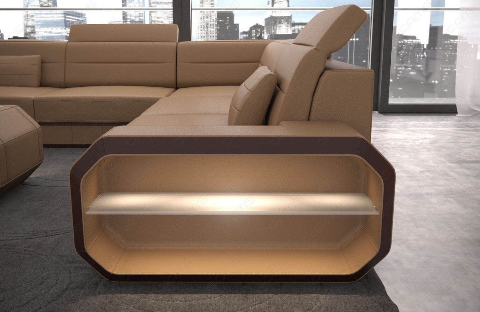 Leder Wohnlandschaft Verona U-Form Mini Sandbeige-Dunkelbraun